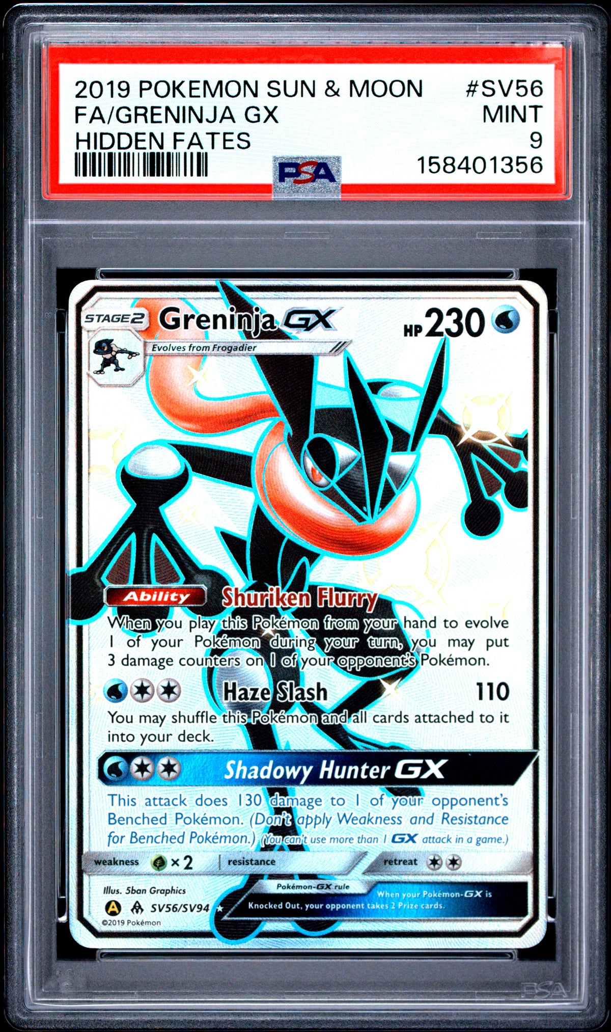 PSA 9 Sun & Moon Hidden Fates Greninja GX GV56/SV94